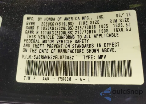 2015 Honda Cr-V Lx z USA, uszkodzony, nr VIN 5J6RM4H32FL073082